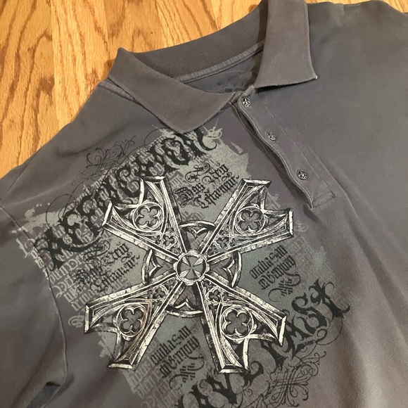 COPY - Affliction Live Fast Grey Polo Cross Print Y2K Grunge Vintage - Picture 3 of 4